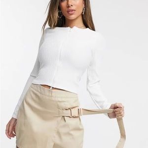 Missguided Double-Zip Ribbed Long Sleeve Top in White